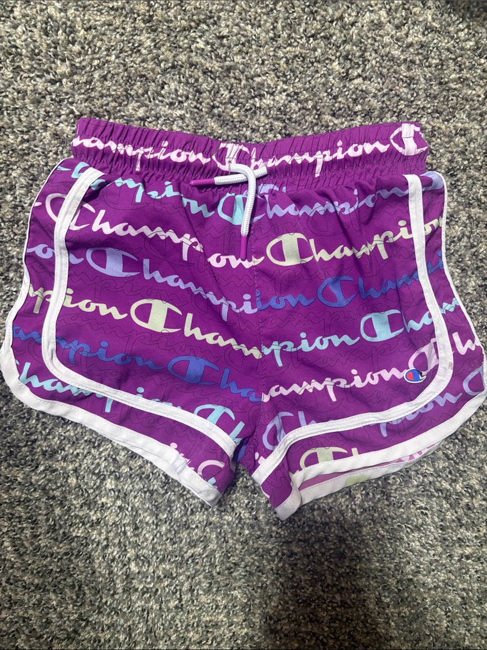 Champion Purple All-Over Logo Athletic Shorts with White Trim
